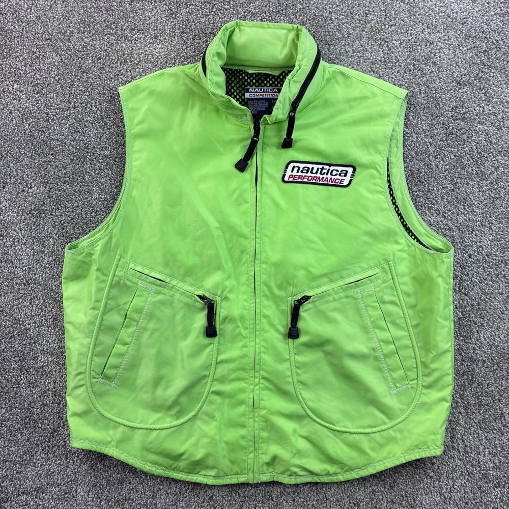 Vintage Nautica Competition Vest Mens Large Green Nylon Performance Highlighter